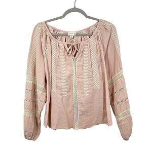 Nicole Miller Pink Peasant Top Embroidered Puff Sleeve‎ Boho Cottagecore Cotton
